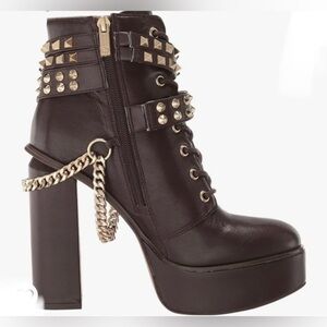 Jessica Simpson Lannoli brown lace up chain Studded Platform heeled boots size 9